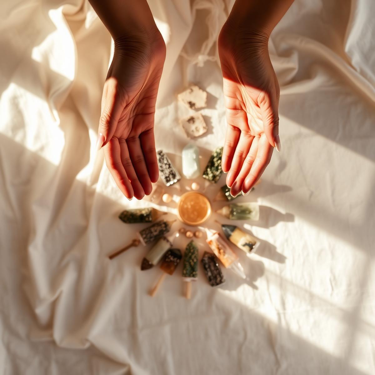 Practitioner's hands hovering over a crystal grid in soft morning light